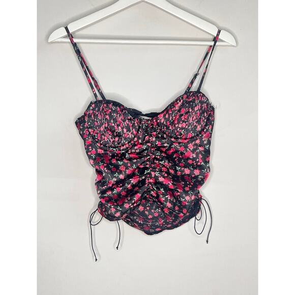 For Love & Lemons Melrose Floral Print Bustier Crop Tank Black/Pink Womens Small - Picture 3 of 11